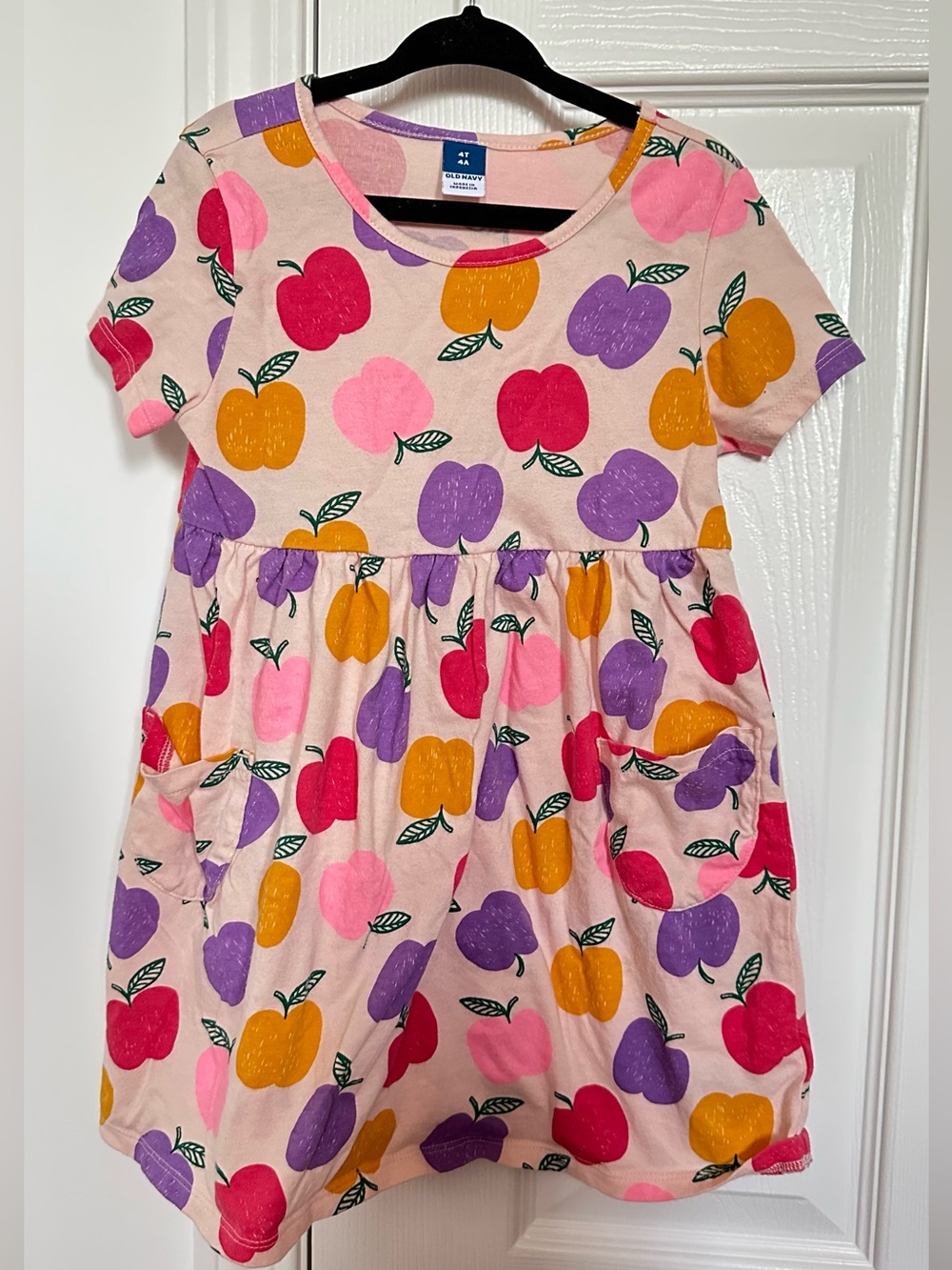 4T Old Navy 100% cotton Pink Dress with Multicolor Apple Print